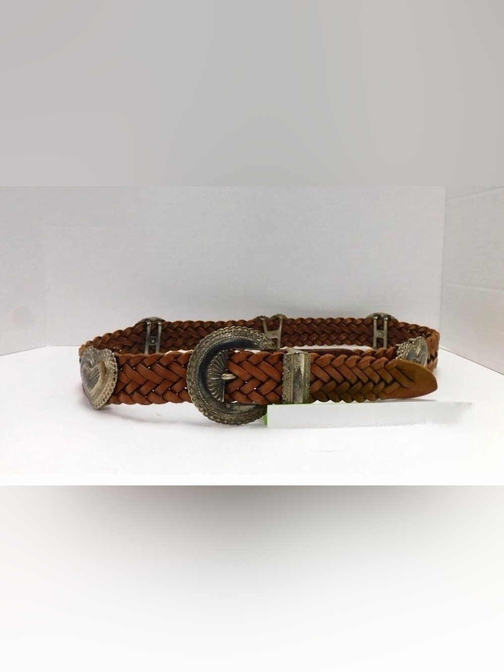 Brighton Vintage Western Leather Woven Belt Silver Hearts Size Large